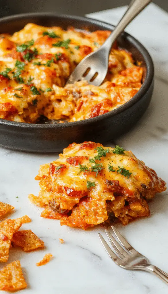 A golden-brown cheesy Dorito casserole in a large baking dish, topped with melted cheese and crushed Doritos, garnished with chopped herbs. The casserole is sliced to reveal layers of seasoned beef, creamy cheese, and crunchy Doritos, with a crispy, bubbly top and inviting warm tones.