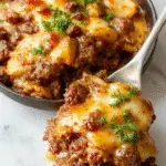A golden-brown baked casserole topped with melted cheese, featuring layers of tender ground beef, sliced potatoes, and bubbling sauce in a rustic oven dish
