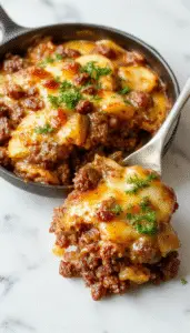 A golden-brown baked casserole topped with melted cheese, featuring layers of tender ground beef, sliced potatoes, and bubbling sauce in a rustic oven dish