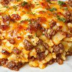 A hearty cheesy ground beef rice casserole served in a rustic baking dish. The top is golden-brown melted cheese with crispy edges, garnished with chopped parsley, revealing tender ground beef, fluffy white rice, and vibrant vegetables beneath. The dish is surrounded by fresh ingredients on a wooden surface, evoking warmth and comfort.