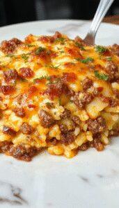 A hearty cheesy ground beef rice casserole served in a rustic baking dish. The top is golden-brown melted cheese with crispy edges, garnished with chopped parsley, revealing tender ground beef, fluffy white rice, and vibrant vegetables beneath. The dish is surrounded by fresh ingredients on a wooden surface, evoking warmth and comfort.