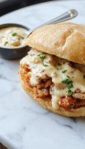 A close-up of a hearty Chicken Alfredo Sloppy Joe sandwich on a toasted hoagie roll, topped with melted cheese and creamy Alfredo sauce, garnished with chopped parsley. The sandwich is partially sliced, revealing tender ground chicken and rich white sauce inside, set on a rustic wooden plate.