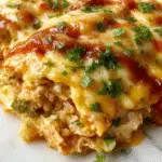 A golden-brown baked chicken burrito casserole topped with melted cheese, garnished with chopped cilantro and sliced jalapeños, served in a deep dish with sides of fresh salsa and sour cream, vibrant colors highlighting its hearty texture and inviting presentation.