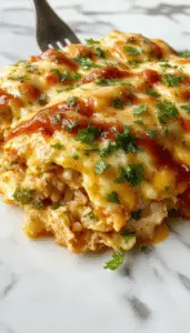 A golden-brown baked chicken burrito casserole topped with melted cheese, garnished with chopped cilantro and sliced jalapeños, served in a deep dish with sides of fresh salsa and sour cream, vibrant colors highlighting its hearty texture and inviting presentation.