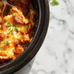 A savory chicken enchilada served in a rustic skillet, topped with melted cheese, sliced jalapenos, and fresh cilantro, invitingly arranged on a wooden table with a side of colorful fresh vegetables.