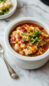 A bowl of Chicken Enchilada surrounded by shredded cheese, sauce, and cilantro, all arranged on a rustic wooden table. The dish features vibrant red and orange hues from the sauce, with steam rising above, indicating warmth and freshness. Garnished with fresh herbs, it's served in a deep, round dish with a slightly bubbling appearance, showcasing tender shredded chicken and melted cheese topping.