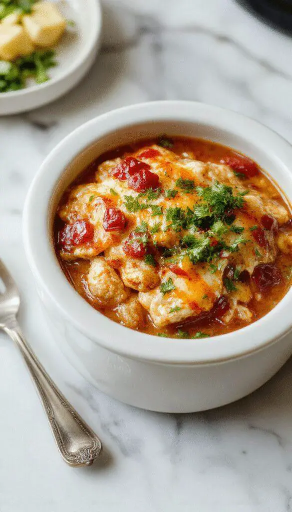 A bowl of Chicken Enchilada surrounded by shredded cheese, sauce, and cilantro, all arranged on a rustic wooden table. The dish features vibrant red and orange hues from the sauce, with steam rising above, indicating warmth and freshness. Garnished with fresh herbs, it's served in a deep, round dish with a slightly bubbling appearance, showcasing tender shredded chicken and melted cheese topping.