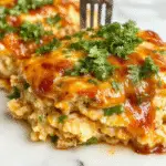 A vibrant casserole dish topped with melted cheese and garnished with chopped cilantro, featuring a golden-brown crust with visible layers of rice, shredded chicken, and enchilada sauce, served hot on a rustic wooden table.