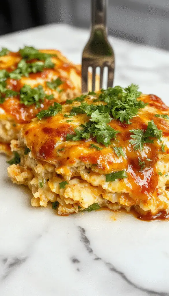 A vibrant casserole dish topped with melted cheese and garnished with chopped cilantro, featuring a golden-brown crust with visible layers of rice, shredded chicken, and enchilada sauce, served hot on a rustic wooden table.