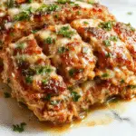 A golden-brown chicken meatloaf slices open to reveal a moist, creamy interior with flecks of herbs and melted parmesan cheese on top, garnished with fresh parsley, served on a rustic wooden platter with a side of roasted vegetables.