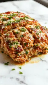 A golden-brown chicken meatloaf slices open to reveal a moist, creamy interior with flecks of herbs and melted parmesan cheese on top, garnished with fresh parsley, served on a rustic wooden platter with a side of roasted vegetables.