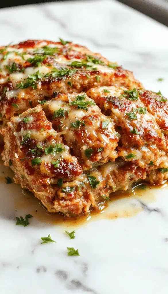 A golden-brown chicken meatloaf slices open to reveal a moist, creamy interior with flecks of herbs and melted parmesan cheese on top, garnished with fresh parsley, served on a rustic wooden platter with a side of roasted vegetables.