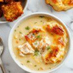 A bowls of creamy chicken pot pie soup garnished with chopped herbs, topped with flaky golden pastry strips, served with fresh bread on a rustic wooden table.