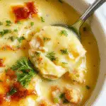 A steaming bowl of Chicken Pot Pie Soup garnished with fresh herbs, featuring tender chunks of chicken, vegetables, and flaky pastry crust pieces, served in a rustic ceramic bowl on a wooden table with a spoon resting beside it.