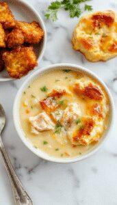 A bowls of creamy chicken pot pie soup garnished with chopped herbs, topped with flaky golden pastry strips, served with fresh bread on a rustic wooden table.