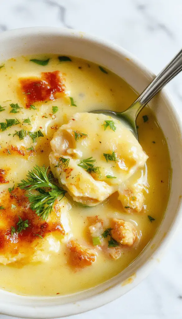 A steaming bowl of Chicken Pot Pie Soup garnished with fresh herbs, featuring tender chunks of chicken, vegetables, and flaky pastry crust pieces, served in a rustic ceramic bowl on a wooden table with a spoon resting beside it.