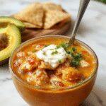 A vibrant bowl of Chicken Taco Soup featuring chunks of chicken, black beans, corn, and diced tomatoes, topped with shredded cheese and fresh cilantro. The soup is served in a rustic bowl on a wooden table, with a side of crispy tortilla chips and a dollop of creamy melted cheese on top. The colors are warm and inviting, showcasing the hearty textures of the soup alongside the bright garnishes.