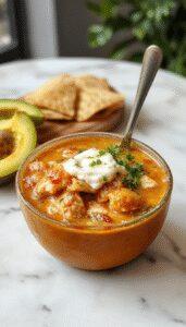 A vibrant bowl of Chicken Taco Soup featuring chunks of chicken, black beans, corn, and diced tomatoes, topped with shredded cheese and fresh cilantro. The soup is served in a rustic bowl on a wooden table, with a side of crispy tortilla chips and a dollop of creamy melted cheese on top. The colors are warm and inviting, showcasing the hearty textures of the soup alongside the bright garnishes.