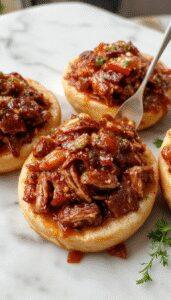 A tender, juicy pulled pork served on a white plate, shredded and coated with rich barbecue sauce, garnished with fresh herbs. The dish is presented with a side of coleslaw and cornbread, with a rustic wooden table background, highlighting the smoky, caramelized exterior of the pork and the glossy sheen of the BBQ sauce.