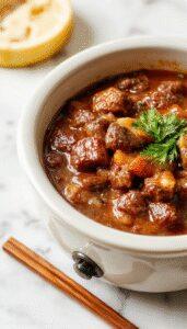 A hearty crockpot beef stew served in a rustic bowl, featuring tender chunks of beef, vibrant carrots, potatoes, and peas in a rich, savory gravy, garnished with fresh herbs. The bowl is placed on a wooden table with a folded linen napkin nearby, evoking warmth and comfort.