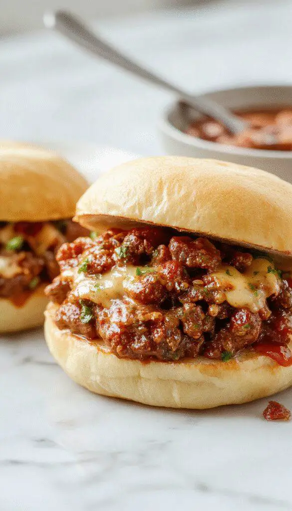 A close-up of a sandwich featuring tender, caramelized French onion beef filling topped with melted, golden-brown cheese, nestled in a toasted bun with visible onion slices and a glossy coating of cheese and sauce, garnished with fresh herbs on a rustic wooden surface.