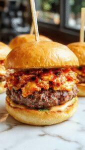 A close-up of a juicy cracked burger with gooey melted cheese oozing from a perfectly grilled beef patty, topped with fresh lettuce, tomato slices, and pickles, served on a toasted bun with sesame seeds, the burger is slightly open showing its flavorful layers.