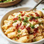 A creamy Chicken Bacon Ranch Pasta dish served in a rustic white bowl, topped with crispy bacon bits, chopped green herbs, and a drizzle of ranch dressing. The pasta is coated in a rich, creamy sauce with visible chunks of chicken and specks of seasoning, presenting an inviting and hearty appearance with steam rising, highlighting the comfort-food appeal.