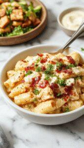 A creamy Chicken Bacon Ranch Pasta dish served in a rustic white bowl, topped with crispy bacon bits, chopped green herbs, and a drizzle of ranch dressing. The pasta is coated in a rich, creamy sauce with visible chunks of chicken and specks of seasoning, presenting an inviting and hearty appearance with steam rising, highlighting the comfort-food appeal.