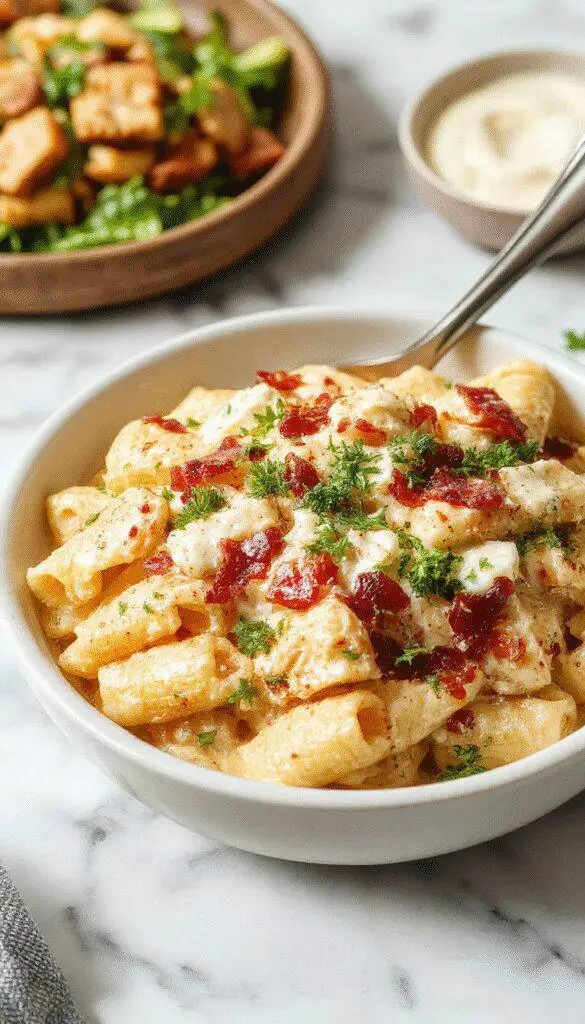 A creamy Chicken Bacon Ranch Pasta dish served in a rustic white bowl, topped with crispy bacon bits, chopped green herbs, and a drizzle of ranch dressing. The pasta is coated in a rich, creamy sauce with visible chunks of chicken and specks of seasoning, presenting an inviting and hearty appearance with steam rising, highlighting the comfort-food appeal.