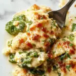 A creamy chicken and spinach casserole dish topped with melted cheese and crispy bacon, presented in a rustic ceramic baking dish. The casserole is garnished with fresh herbs and features a golden-brown crust. Visible layers of tender chicken chunks, vibrant green spinach, and cheese create an inviting and hearty appearance.