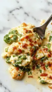A creamy chicken and spinach casserole dish topped with melted cheese and crispy bacon, presented in a rustic ceramic baking dish. The casserole is garnished with fresh herbs and features a golden-brown crust. Visible layers of tender chicken chunks, vibrant green spinach, and cheese create an inviting and hearty appearance.