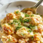 A vibrant plate of creamy smothered chicken, topped with a rich, golden sauce and shredded chicken, served alongside fluffy rice, garnished with fresh herbs, set on a rustic wooden table