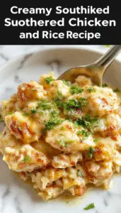 A vibrant plate of creamy smothered chicken, topped with a rich, golden sauce and shredded chicken, served alongside fluffy rice, garnished with fresh herbs, set on a rustic wooden table