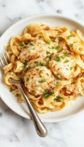 A creamy chicken pasta dish featuring tender slices of chicken breast coated in a rich garlic Parmesan sauce, served on a white plate with a sprinkle of chopped parsley and grated Parmesan cheese. The pasta is coated in a smooth, buttery sauce with visible garlic bits and a golden hue, alongside a side of fresh green herbs and a lemon wedge for garnish, creating an inviting and appetizing presentation.