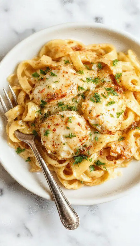 A plate of creamy garlic Parmesan chicken pasta garnished with chopped herbs, featuring tender chicken pieces coated in a rich, cheesy sauce. The pasta is twirled elegantly on the plate with a sprinkle of grated Parmesan, set against a rustic wooden background with a fork resting nearby. The dish looks glossy and inviting, emphasizing the creamy texture and flavorful garlic aroma.