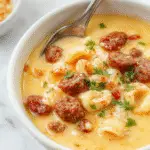 A steaming bowl of creamy Italian sausage ditalini soup garnished with freshly grated Parmesan, chopped parsley, and cracked black pepper. The soup has a rich, velvety texture with visible small pasta, sausage pieces, and a sprinkle of herbs, served in a rustic white bowl on a wooden surface with a spoon and fresh herbs nearby.