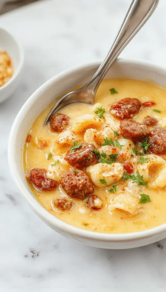 A steaming bowl of creamy Italian sausage ditalini soup garnished with freshly grated Parmesan, chopped parsley, and cracked black pepper. The soup has a rich, velvety texture with visible small pasta, sausage pieces, and a sprinkle of herbs, served in a rustic white bowl on a wooden surface with a spoon and fresh herbs nearby.