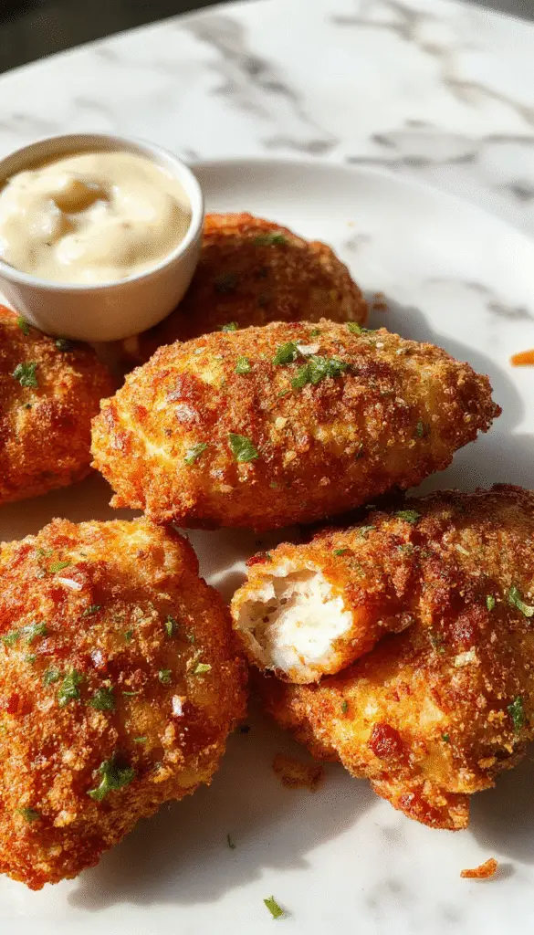 Golden-brown crispy baked chicken tenders arranged neatly on a white platter, garnished with fresh herbs, with a side of dipping sauce, and a background of a rustic wooden table