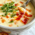 A creamy, cheesy potato soup served in a rustic white bowl, garnished with chopped green onions and shredded cheese. The soup has a smooth, velvety texture with chunks of potatoes visible, sitting on a wooden table with a spoon resting beside the bowl, and a sprig of parsley for garnish.