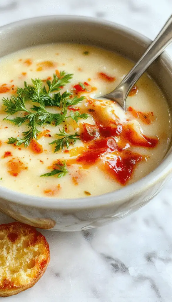 A creamy, cheesy potato soup served in a rustic white bowl, garnished with chopped green onions and shredded cheese. The soup has a smooth, velvety texture with chunks of potatoes visible, sitting on a wooden table with a spoon resting beside the bowl, and a sprig of parsley for garnish.