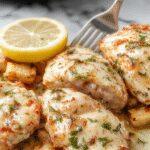A close-up of a creamy lemon chicken piccata served in a rustic white bowl, garnished with fresh parsley and lemon slices, with a backdrop of a slow cooker and lemon zest, showcasing tender, golden chicken with a glossy sauce and vibrant green herbs.