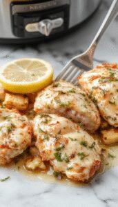 A close-up of a creamy lemon chicken piccata served in a rustic white bowl, garnished with fresh parsley and lemon slices, with a backdrop of a slow cooker and lemon zest, showcasing tender, golden chicken with a glossy sauce and vibrant green herbs.