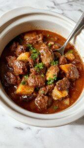A hearty Crockpot beef stew served in a rustic white bowl, featuring tender chunks of beef, earthy carrots, potatoes, and celery immersed in a thick, savory gravy, garnished with fresh herbs, set on a wooden surface with a warm, inviting ambiance.
