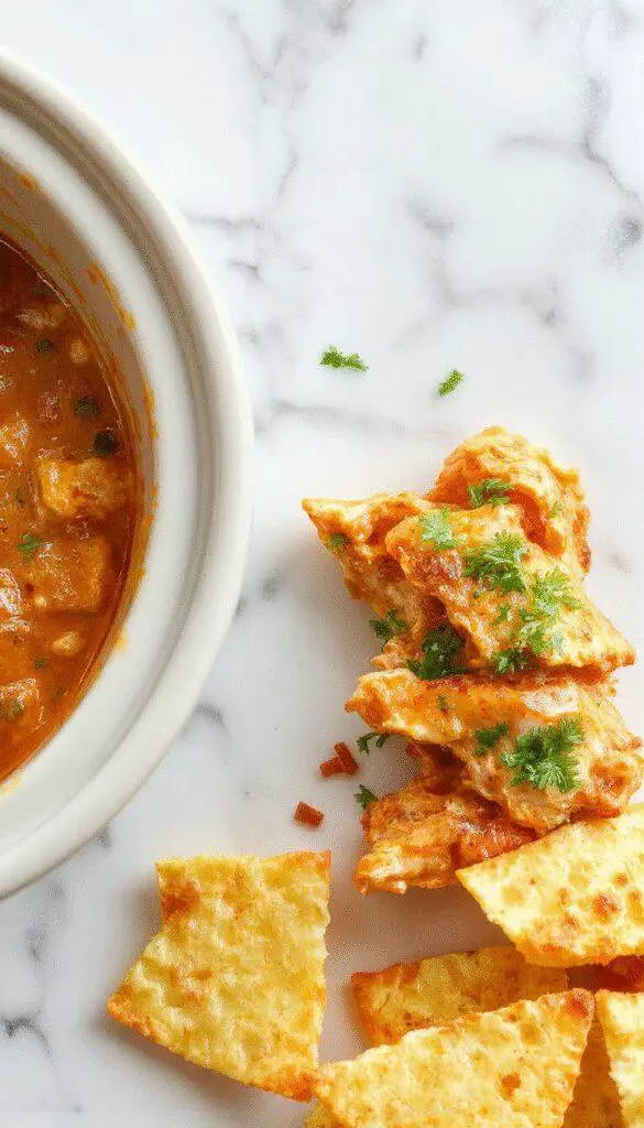 A creamy buffalo chicken dip served in a white ceramic bowl, topped with chopped green onions and sprinkled with shredded cheddar cheese. The dip is surrounded by celery sticks and carrot slices on a rustic wooden table, with a spoon resting beside the bowl. The vibrant orange buffalo sauce and melted cheese create an appetizing contrast, highlighting its creamy texture and inviting presentation.