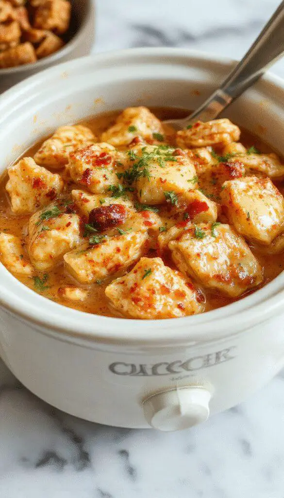 A close-up of a savory crockpot butter chicken dish served over a bed of fluffy white rice, garnished with fresh cilantro. The chicken in a rich, glossy orange sauce sits in a rustic ceramic bowl, with steam gently rising from the hot meal. The dish is surrounded by colorful herbs and spices, highlighting the hearty and inviting presentation.