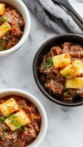 A bowl of tender shredded pot roast with chunks of caramelized pineapple and smoky chipotle sauce, garnished with fresh herbs, served with colorful roasted vegetables and a side of rice on a rustic wooden table.