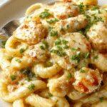 A creamy, golden-brown chicken breast topped with melted Parmesan cheese and minced garlic, served alongside al dente pasta coated in a rich garlic Parmesan sauce. The dish is presented on a rustic wooden table with fresh parsley garnish, showcasing its comforting and hearty appearance with steam gently rising from the hot dish.