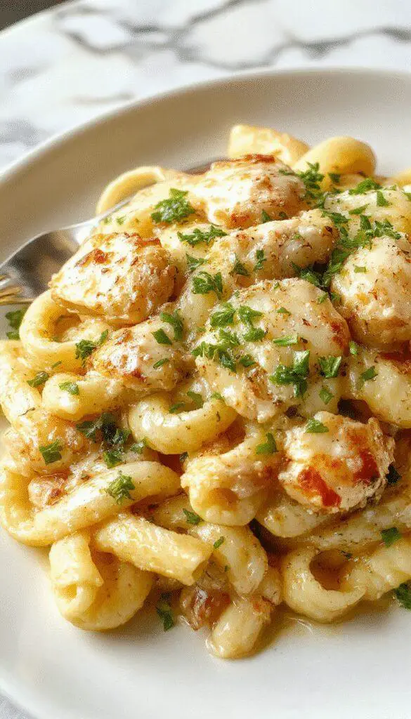 A creamy, golden-brown chicken breast topped with melted Parmesan cheese and minced garlic, served alongside al dente pasta coated in a rich garlic Parmesan sauce. The dish is presented on a rustic wooden table with fresh parsley garnish, showcasing its comforting and hearty appearance with steam gently rising from the hot dish.