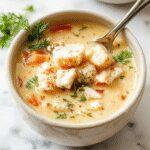 A vibrant bowl of Thai Coconut Chicken Soup featuring tender shredded chicken, creamy coconut broth, bright red chili slices, fresh cilantro, and lime wedges, garnished with green onions on a rustic wooden table with a spoon resting beside the bowl.