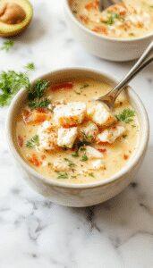 A vibrant bowl of Thai Coconut Chicken Soup featuring tender shredded chicken, creamy coconut broth, bright red chili slices, fresh cilantro, and lime wedges, garnished with green onions on a rustic wooden table with a spoon resting beside the bowl.